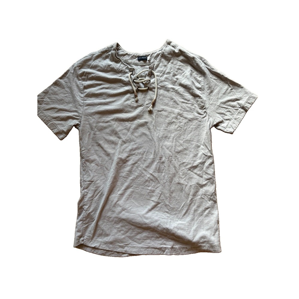 Earthbound Trading Co. Mens L Beige Solid Cotton Knit Lace-Up V-Neck T-Shirt